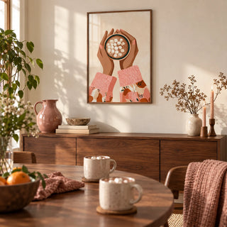 Hot Cocoa Wall Art, framed on the wall of a warm dining room on a winter afternoon with a cream wall