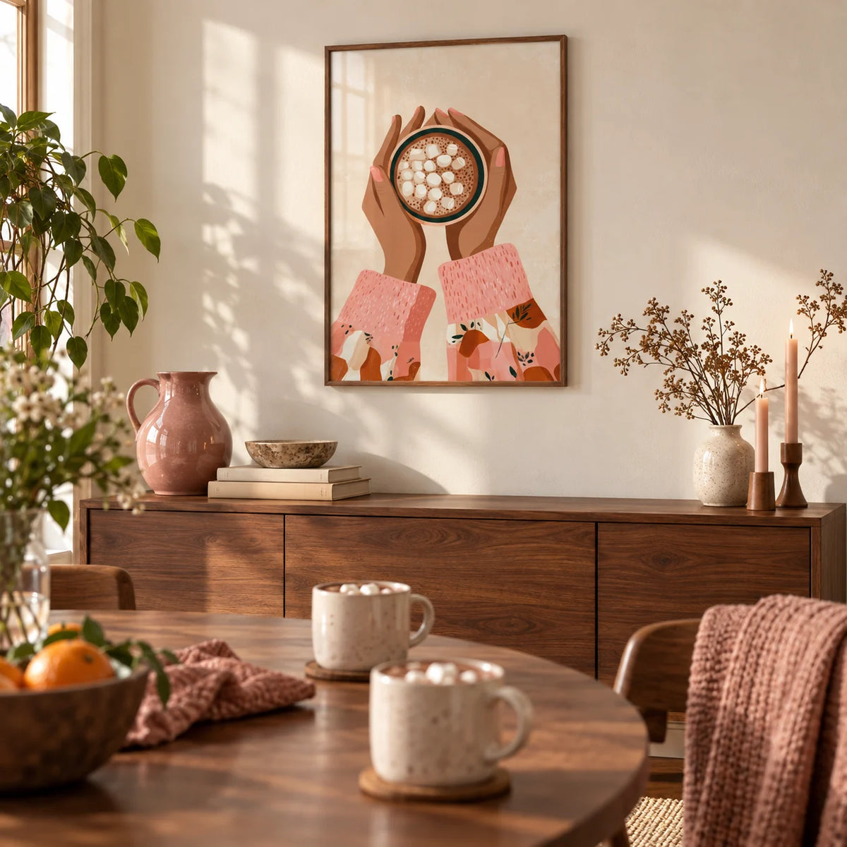 Hot Cocoa Wall Art, framed on the wall of a warm dining room on a winter afternoon with a cream wall