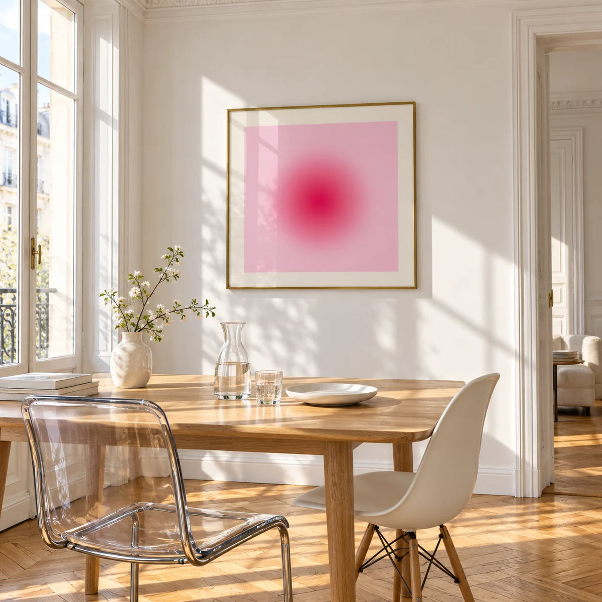 Hot Pink Wall Art, framed on the wall of a bright dining corner