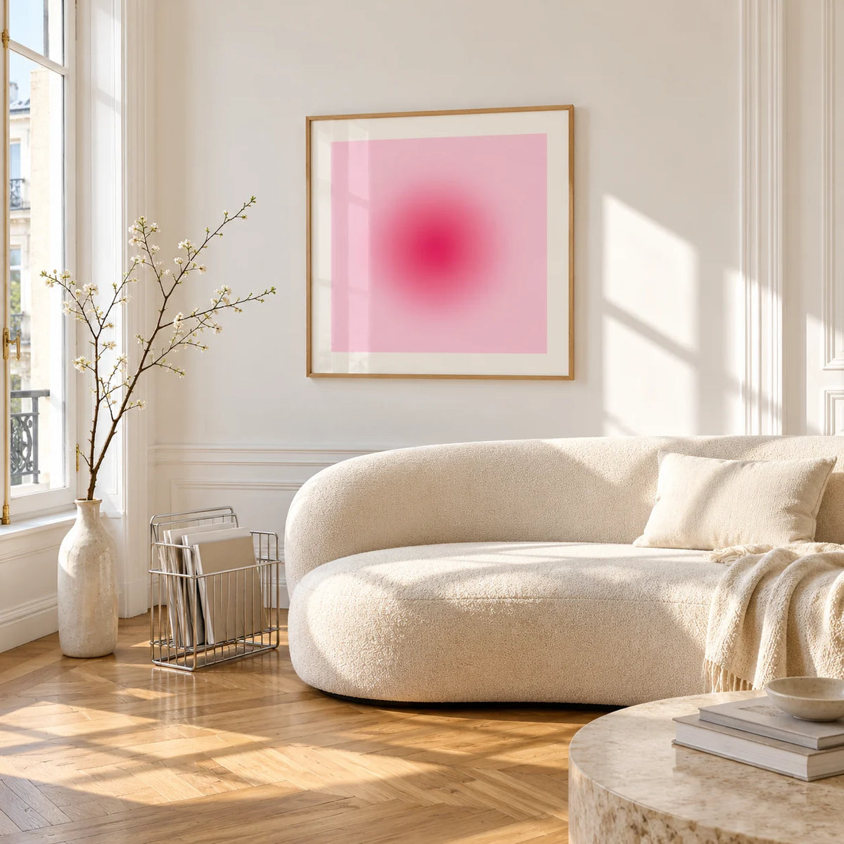 Hot Pink Wall Art, framed on the wall of a bright living room corner