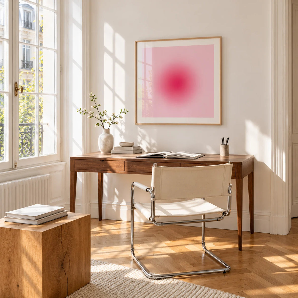 Hot Pink Wall Art, framed on the wall of a bright study corner with a tall white paned window