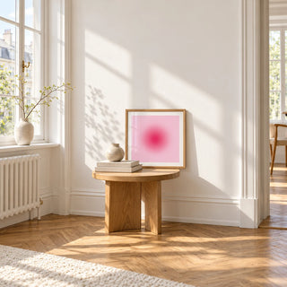 Hot Pink Wall Art, a small square framed print leaning on a small solid oak side table