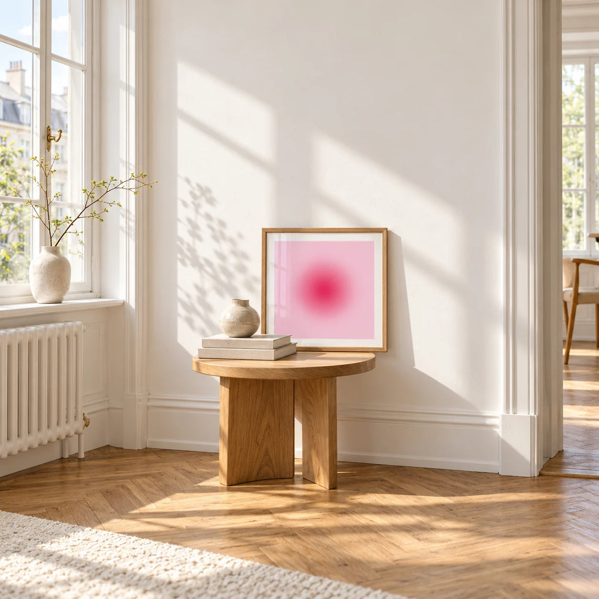 Hot Pink Wall Art, a small square framed print leaning on a small solid oak side table