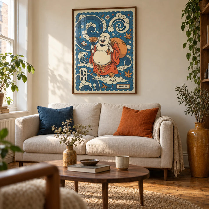 Hotei Wall Art, framed on the wall of a characterful living room in a UK city flat with a warm cream wall and exposed oak floorboards