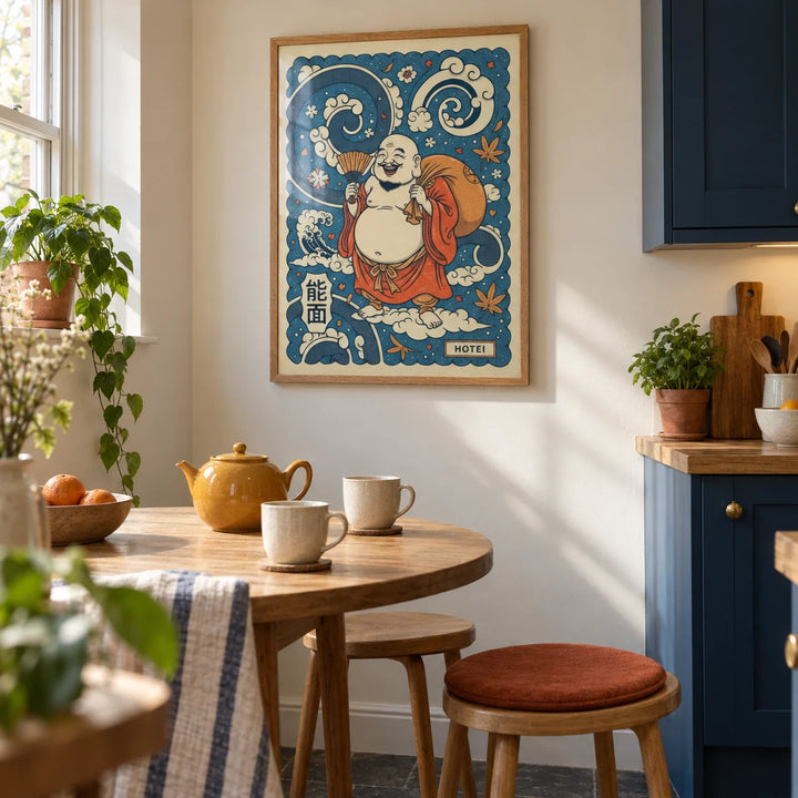 Hotei Wall Art, framed on the wall of a compact kitchen breakfast corner in a UK first home with solid deep blue lower cabinets and warm white walls