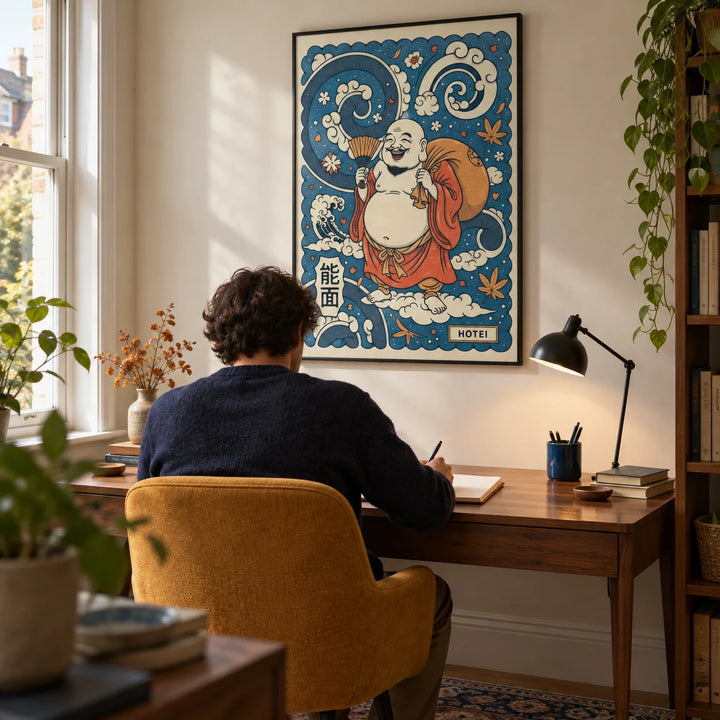 Hotei Wall Art, framed on the wall of a quiet home study in a UK terrace with a pale cream wall and an ochre upholstered desk chair
