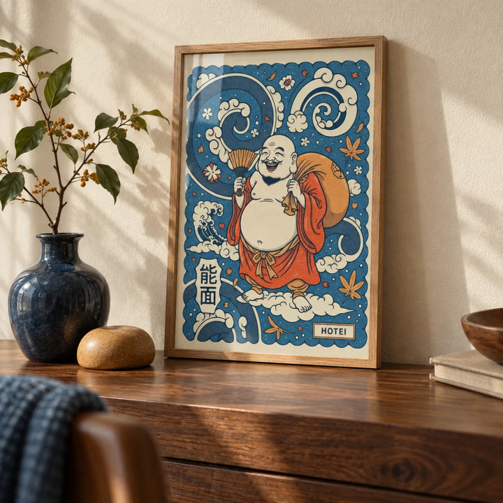Hotei Wall Art, a small A4 framed print leaning on a walnut desk