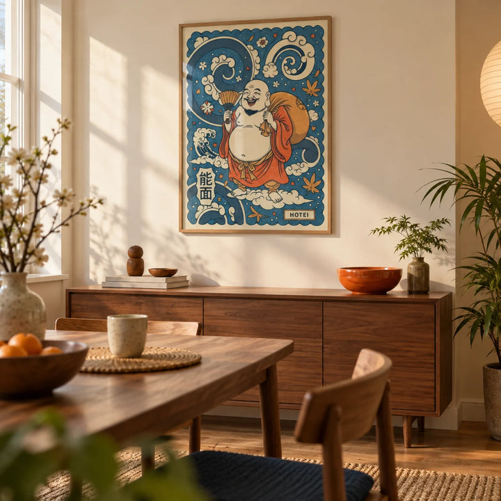 Hotei Wall Art, framed on the wall of a warm Japanese-inspired dining room in a UK flat with a cream wall and walnut furniture