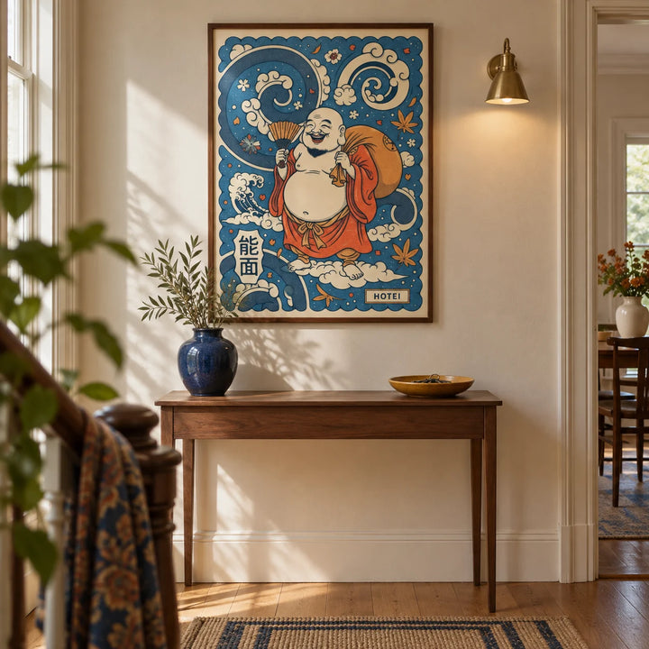 Hotei Wall Art, framed on the wall of a welcoming hallway in a UK Victorian terrace with warm cream plaster walls and oak floorboards