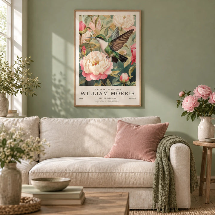 Hummingbird Prints, framed on the wall of a calm cottage living room with a soft sage green painted wall and a pale oak floor
