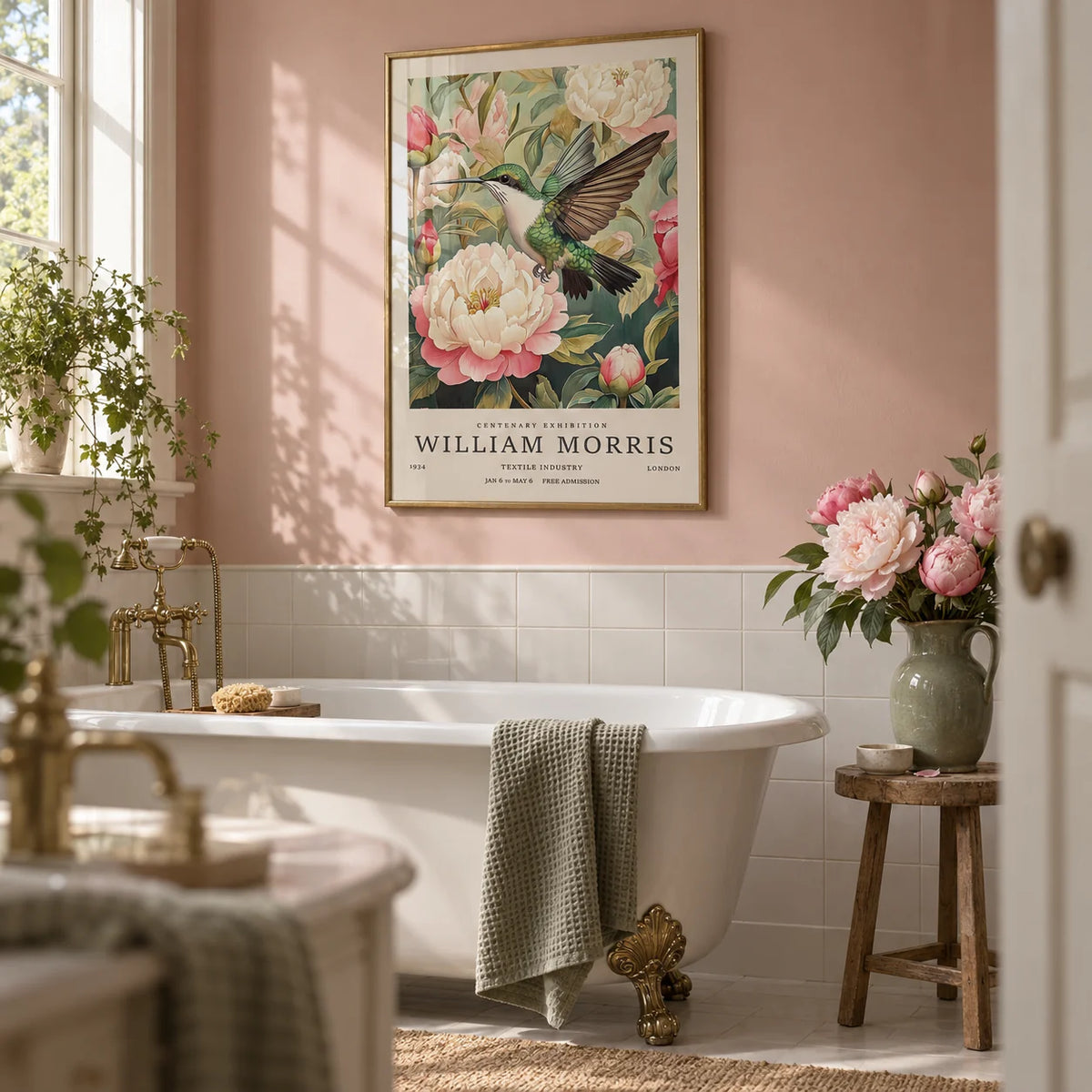 Hummingbird Prints, framed on the wall of a heritage bathroom with a blush pink painted wall and plain white tiles below