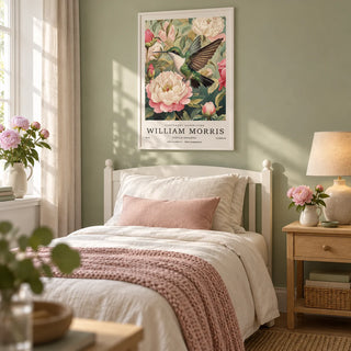 Hummingbird Prints, framed on the wall of a pretty single guest bedroom with a soft sage wall