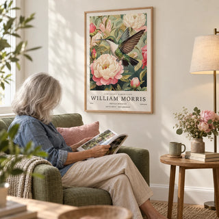 Hummingbird Prints, framed on the wall of a quiet reading nook with a cream wall in a living room