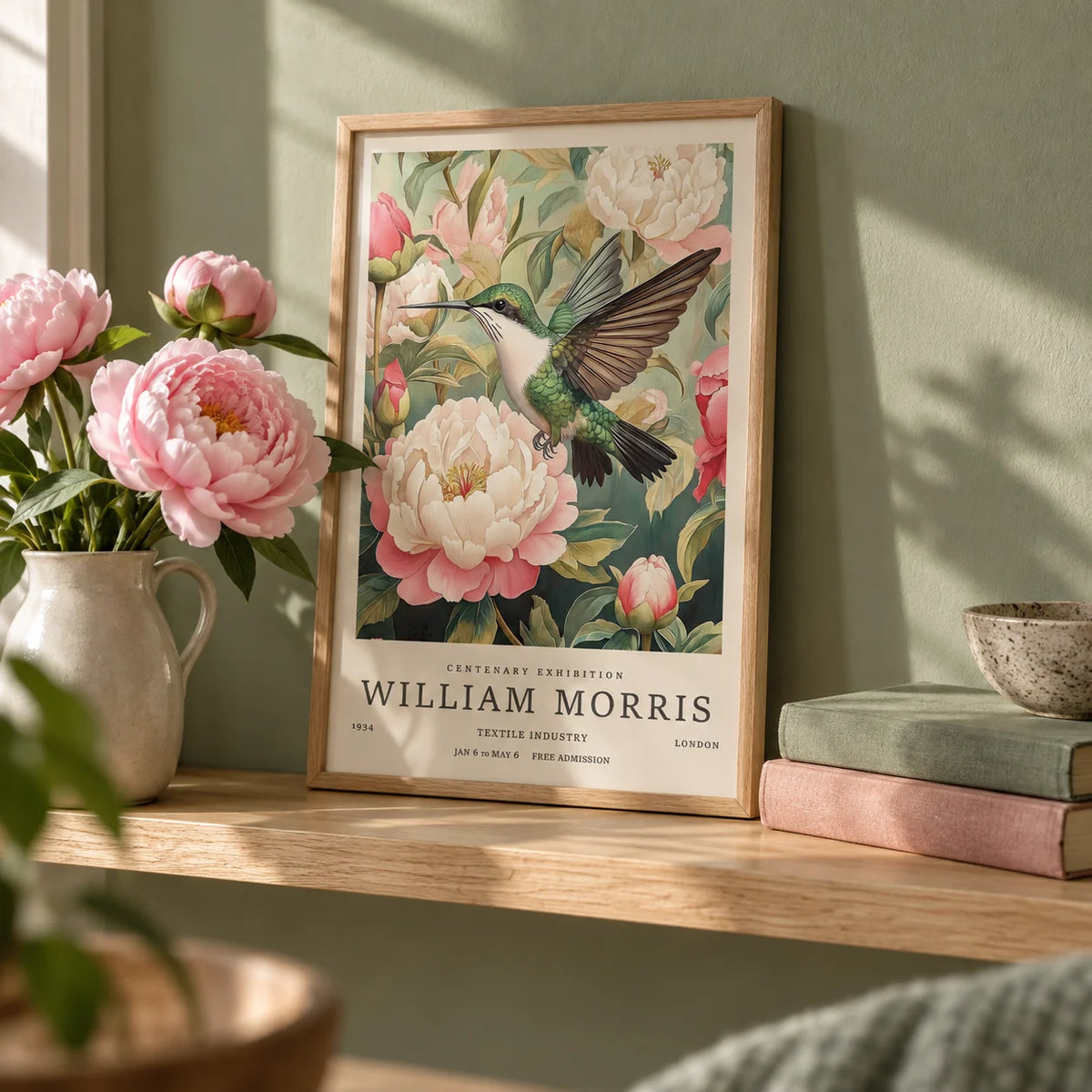 Hummingbird Prints, a small A4 framed print leaning on an oak shelf in a living room
