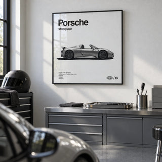 Hybrid Supercar Wall Art, framed on the wall of a clean garage studio with a white wall and a grey epoxy floor in a home office
