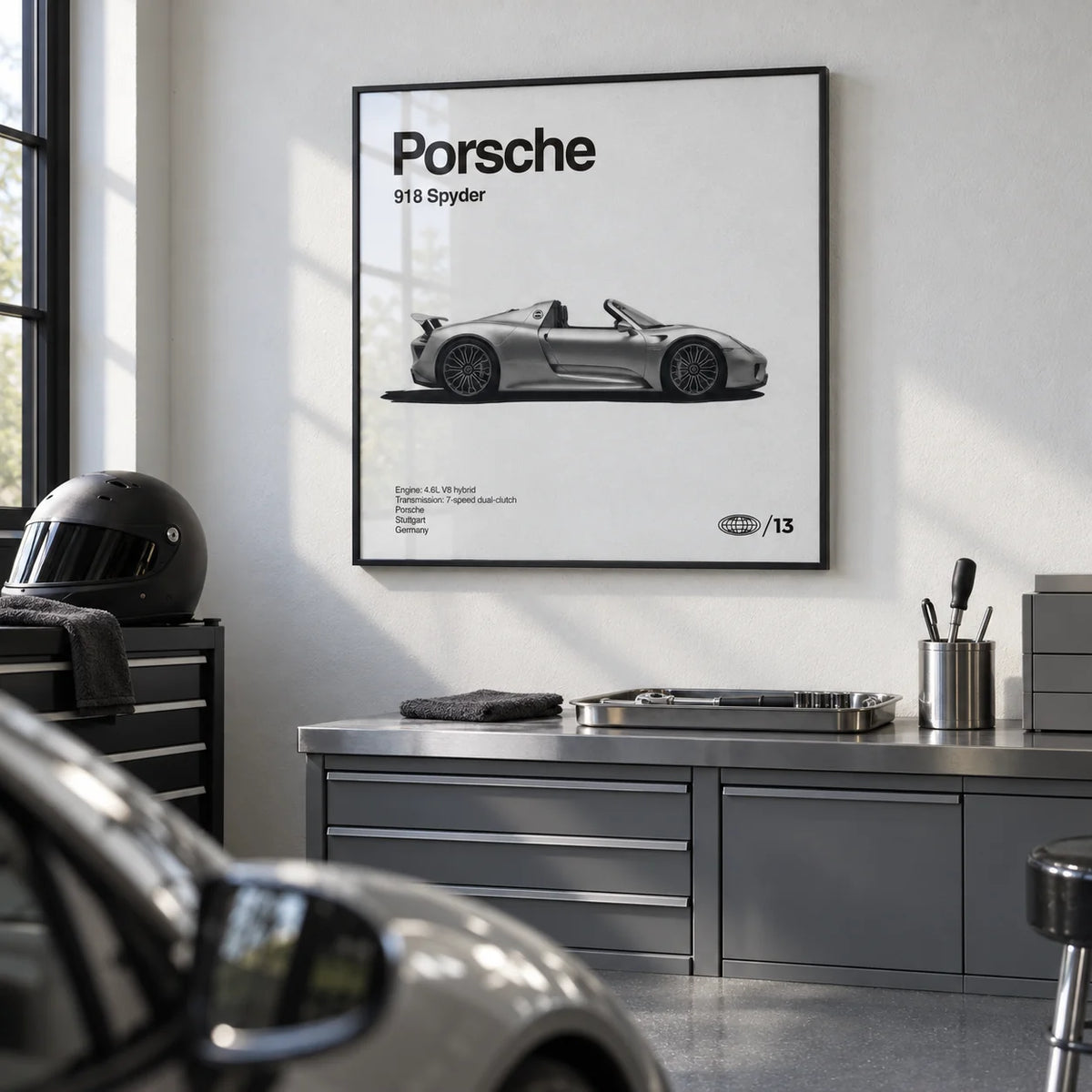 Hybrid Supercar Wall Art, framed on the wall of a clean garage studio with a white wall and a grey epoxy floor in a home office