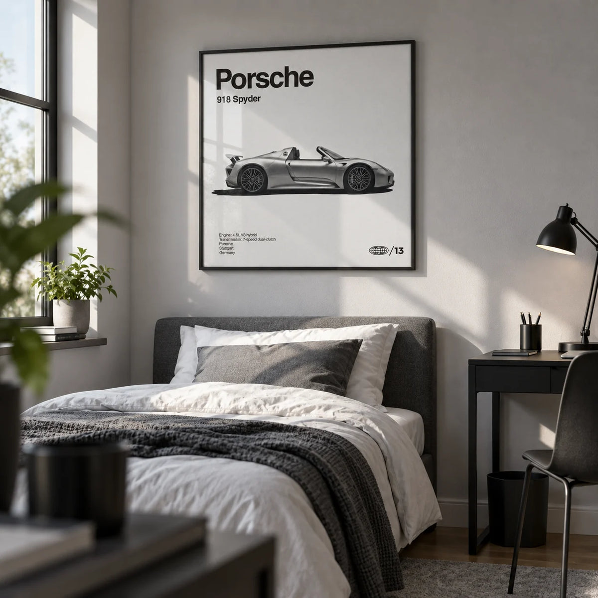 Hybrid Supercar Wall Art, framed on the wall of a crisp teen boy's bedroom (13-17) with a light grey wall