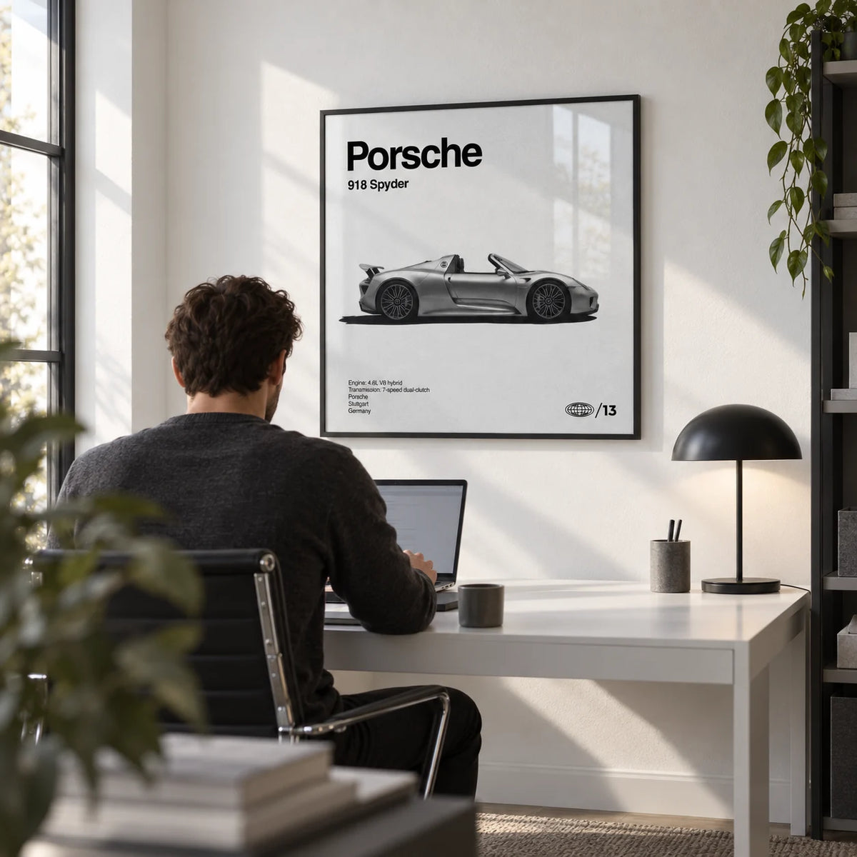 Hybrid Supercar Wall Art, framed on the wall of a minimal study with a white wall