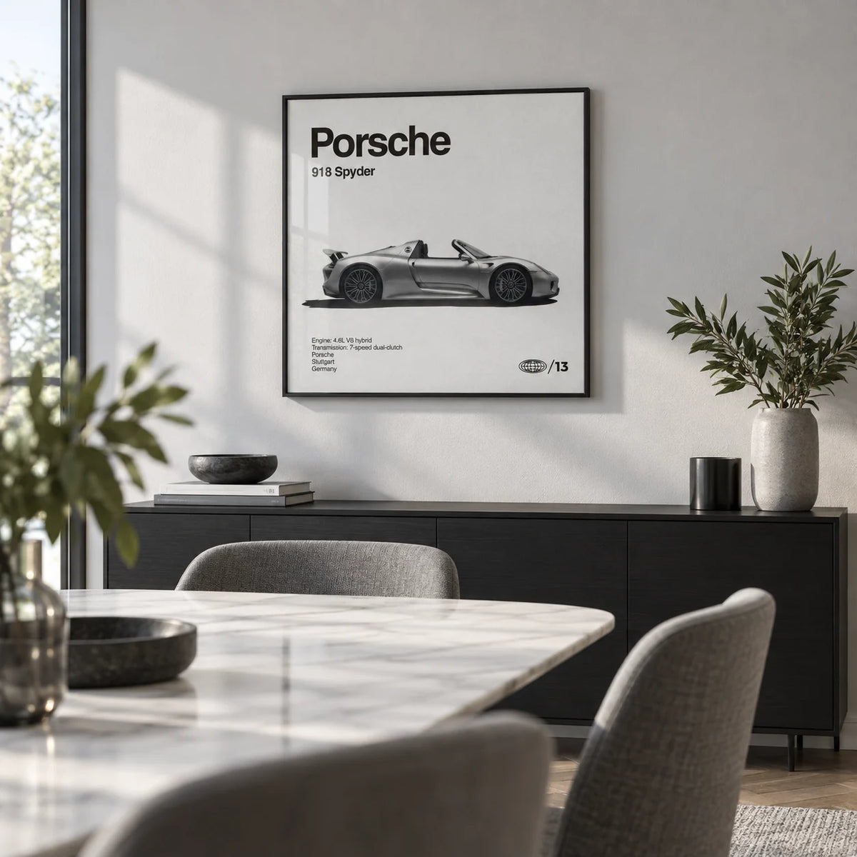 Hybrid Supercar Wall Art, framed on the wall of a modern dining room with a pale grey wall