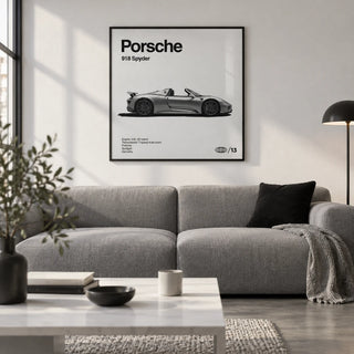 Hybrid Supercar Wall Art, framed on the wall of a sleek German-modern city flat living room with a white wall and a polished concrete floor