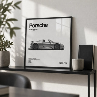 Hybrid Supercar Wall Art, a small A4 framed print leaning on a black metal shelf in a living room