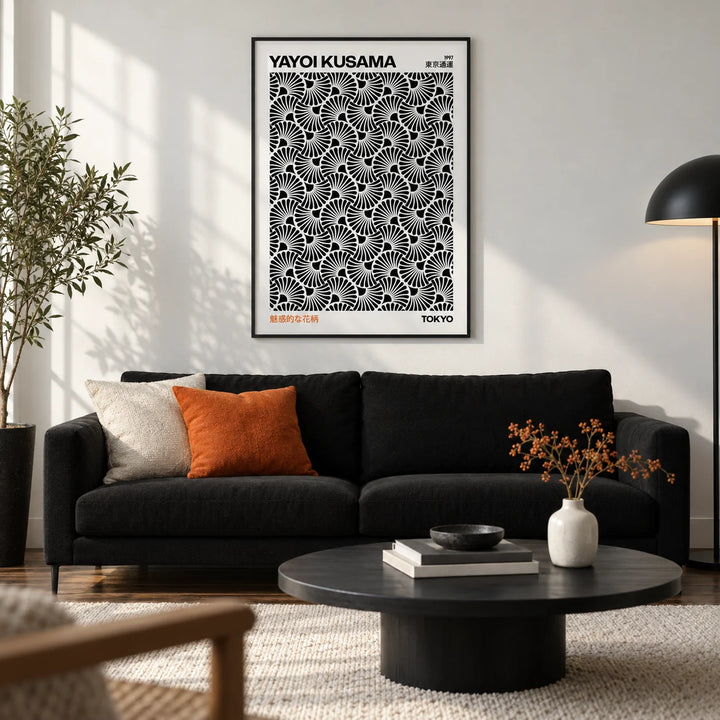 Hypnotic Wall Art, framed on the wall of a crisp monochrome living room in a city flat with a white wall and a dark oak floor