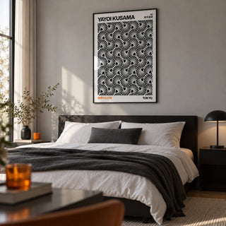 Hypnotic Wall Art, framed on the wall of a modern bedroom with a soft grey wall