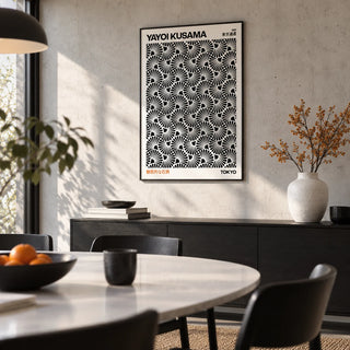 Hypnotic Wall Art, framed on the wall of a modern dining room with a pale concrete wall