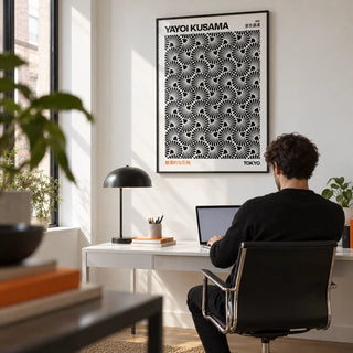 Hypnotic Wall Art, framed on the wall of a sleek home office with a white wall