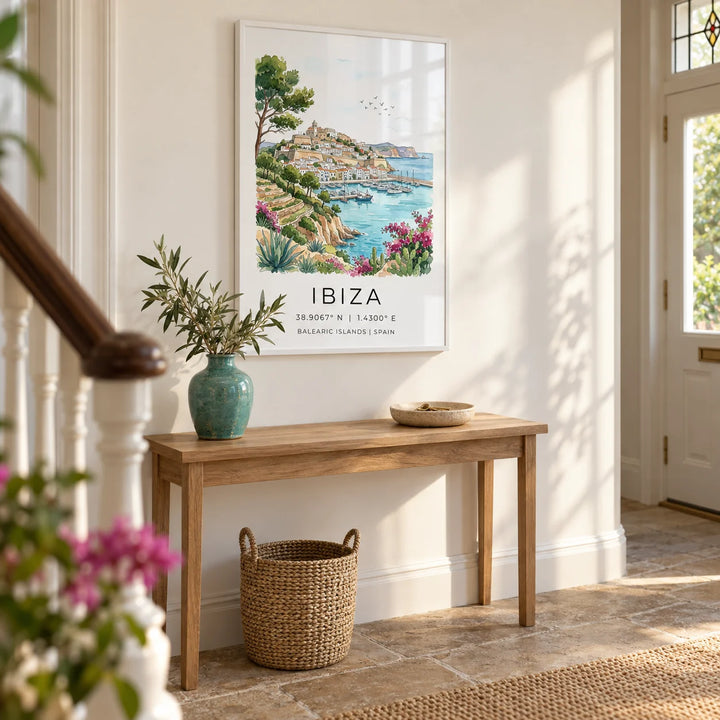 Ibiza Landscape Print, framed on the wall of a bright entrance hallway in a Victorian terrace with warm white walls and natural stone floor tiles