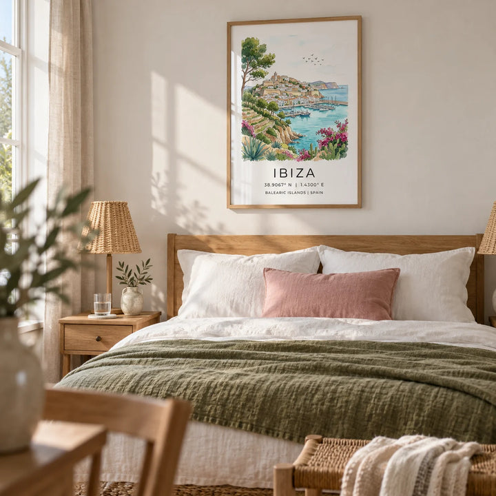 Ibiza Landscape Print, framed on the wall of a calm coastal bedroom in a UK home with a chalky white wall and woven bedside lamps