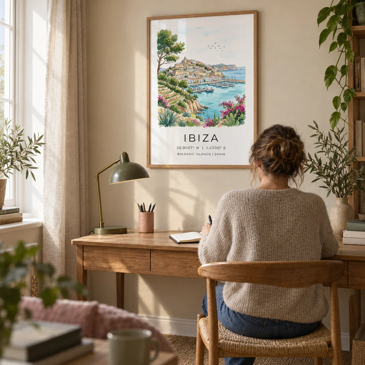 Ibiza Landscape Print, framed on the wall of a quiet home study in a UK flat with a pale sandy wall and a window with plain linen curtains