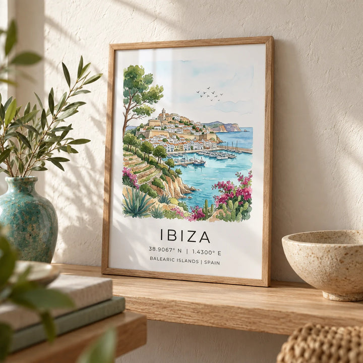 Ibiza Landscape Print, a small A4 framed print leaning on a pale oak shelf in a living room