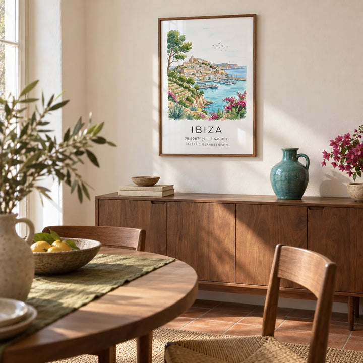 Ibiza Landscape Print, framed on the wall of a small Mediterranean-inspired dining room in a UK maisonette with warm white limewashed walls and a terracotta floor