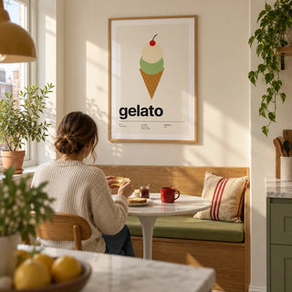 Ice Cream Poster, framed on the wall of a compact kitchen breakfast nook in a UK city flat with a cream wall and a built-in oak banquette