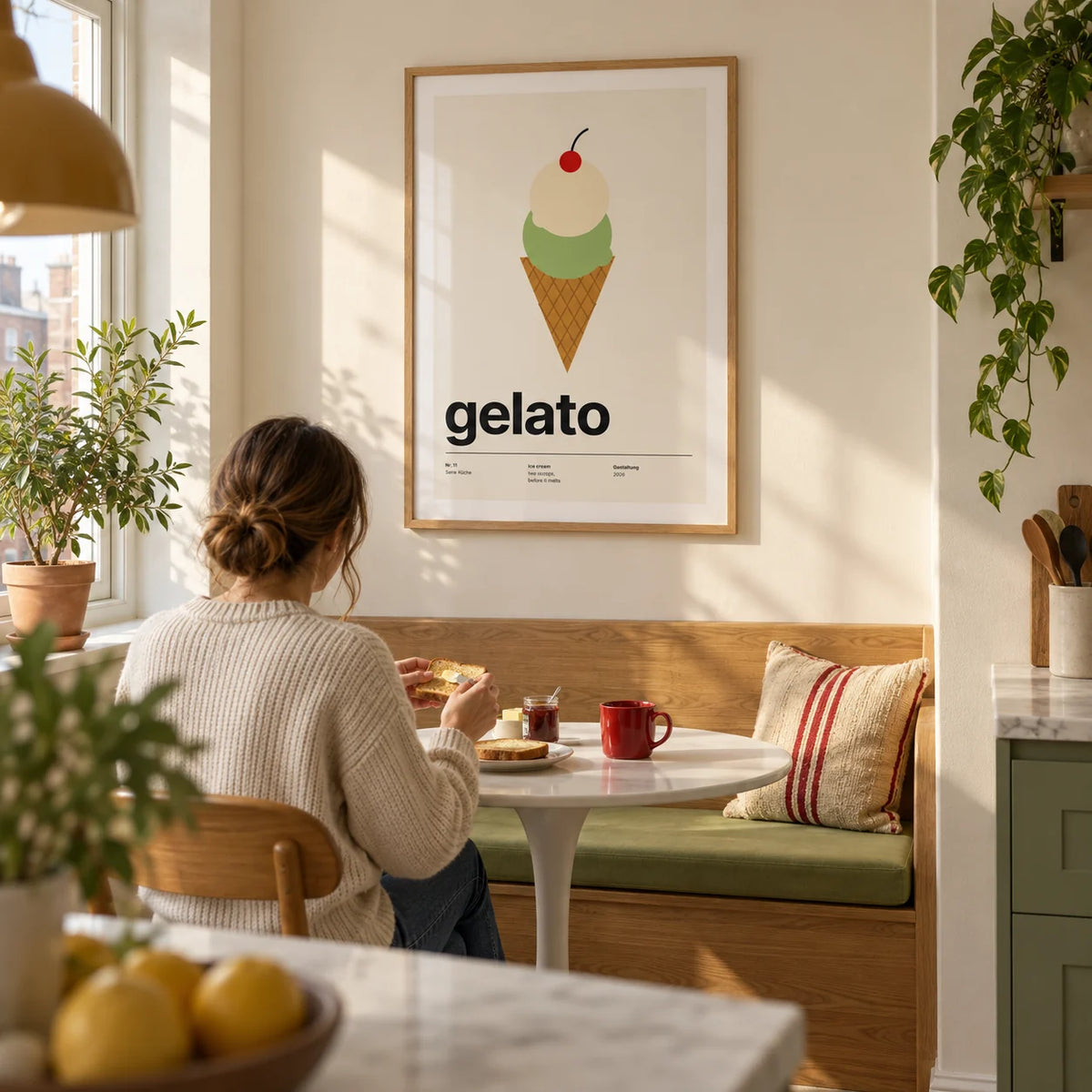 Ice Cream Poster, framed on the wall of a compact kitchen breakfast nook in a UK city flat with a cream wall and a built-in oak banquette