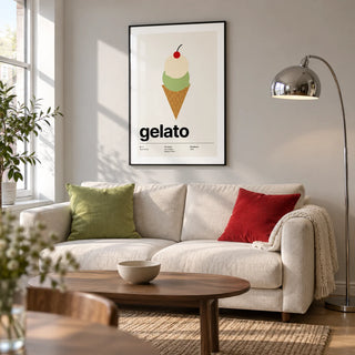 Ice Cream Poster, framed on the wall of a crisp modern living room in a UK flat with a pale grey wall