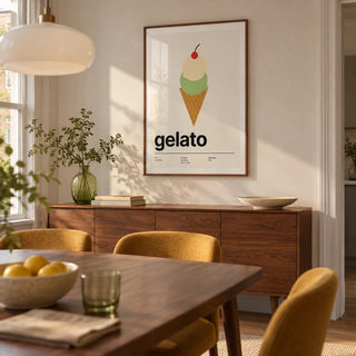 Ice Cream Poster, framed on the wall of a design-led dining room in a renovated UK terrace with warm white walls and a walnut dining table
