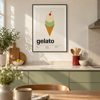 Ice Cream Poster, framed on the wall of a modern kitchen in a UK first flat (22-28) with flat-front pistachio green cabinets