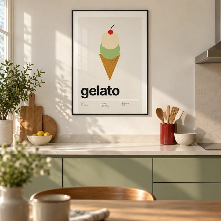 Ice Cream Poster, framed on the wall of a modern kitchen in a UK first flat (22-28) with flat-front pistachio green cabinets
