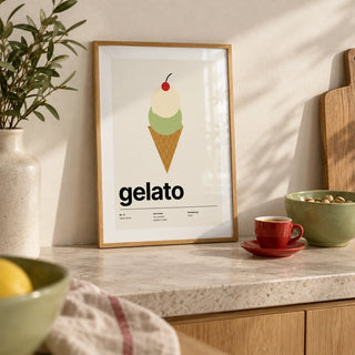 Ice Cream Poster, a small A4 framed print leaning on a pale stone kitchen worktop