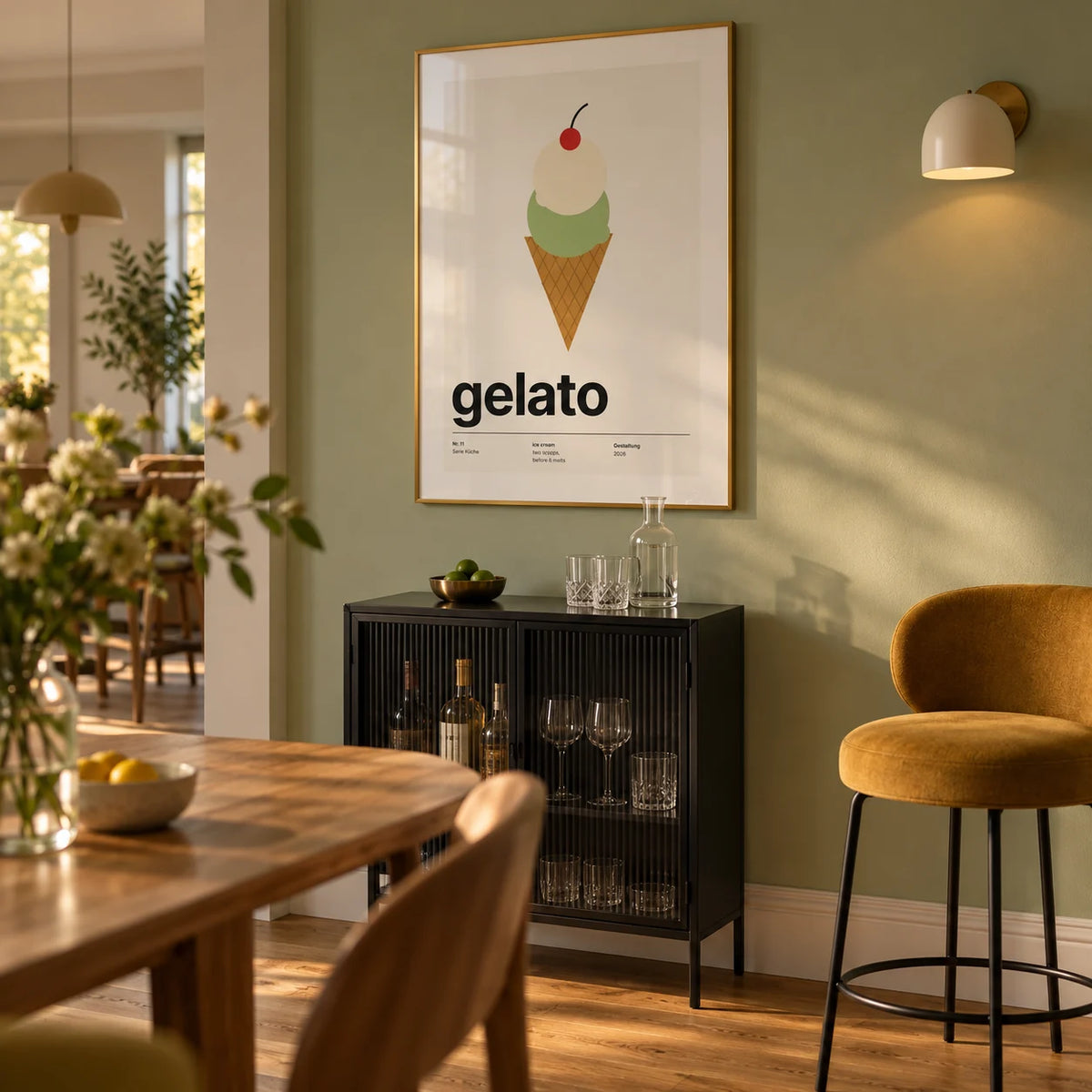 Ice Cream Poster, framed on the wall of a small home bar corner within an open-plan UK dining room with a muted pistachio wall and warm oak flooring