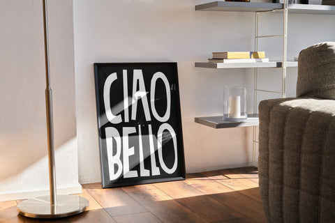 white-black-typography-poster-ciao-bello-living-room