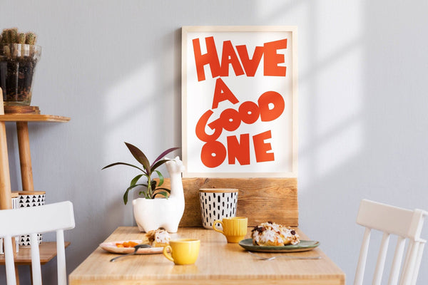 Cheerful Bauhaus-style orange and white wall art typography print