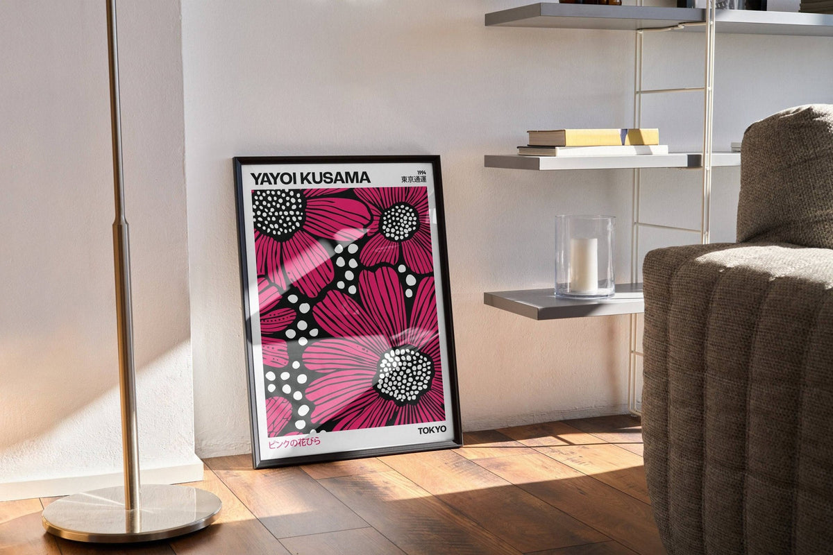 Decorative pink posters with floral artwork and minimalist flair