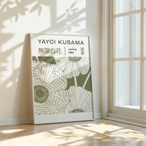 Modern floral poster in sage green and white on display