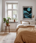 Unique bedroom print showcasing a Japanese wave in a soothing light blue color.