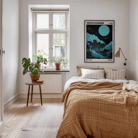 Unique bedroom print showcasing a Japanese wave in a soothing light blue color.