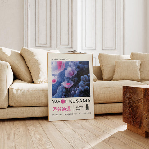 Large blue floral wall art for living room decor.