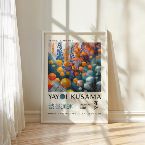 Yayoi Kusama print with colorful abstract floral design.